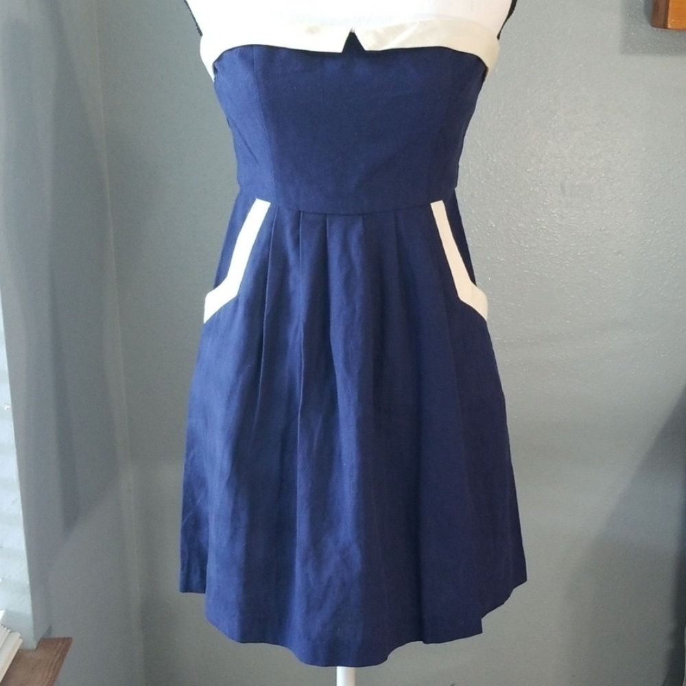 NWT Navy & White Strapless Sailor Pin Up Cotton Blend Mini Dress - Picture 3 of 8